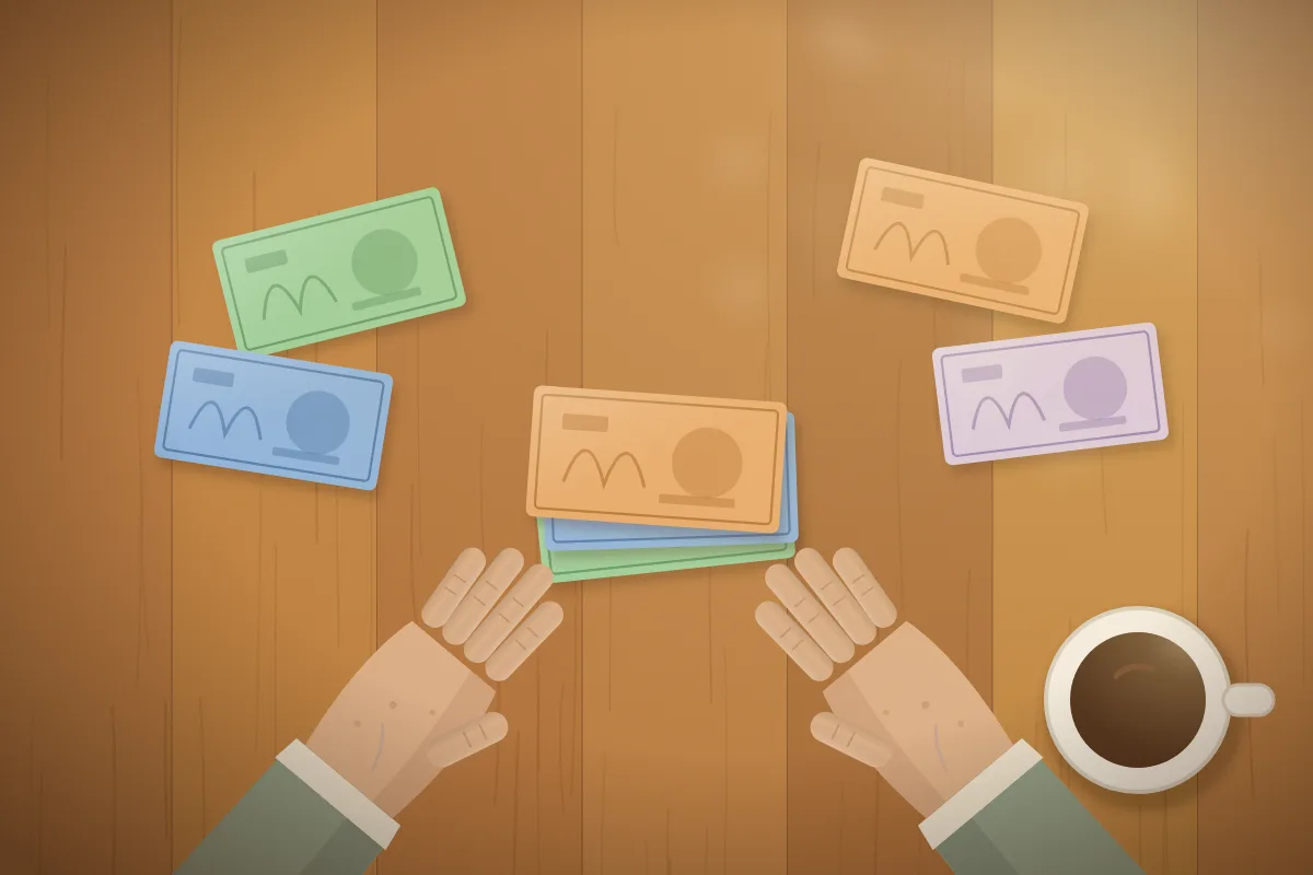 Ilustración: manos de una persona mayor contando billetes sobre una mesa de cocina